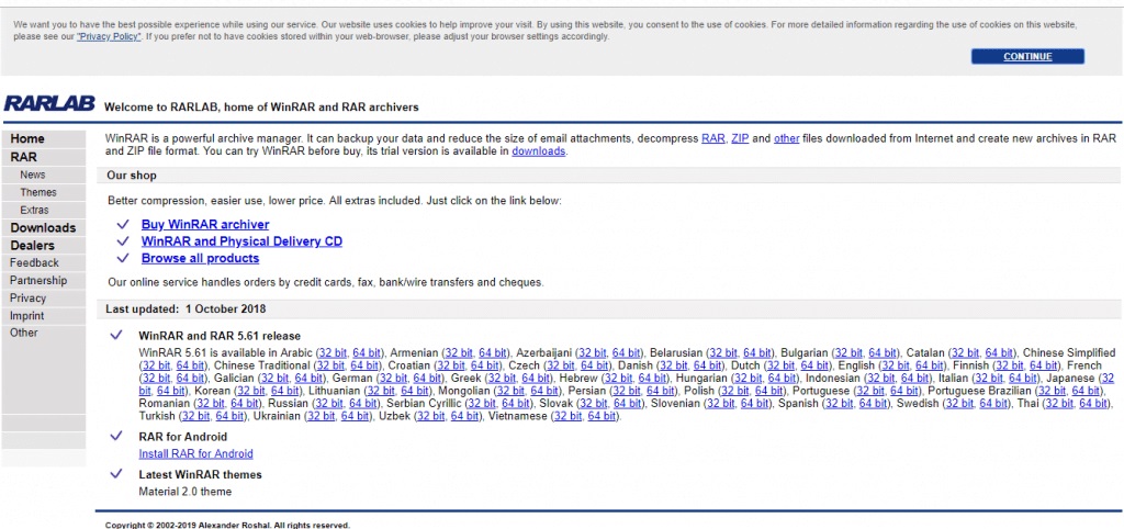 Внешний вид официального сайта разработчика WinRAR